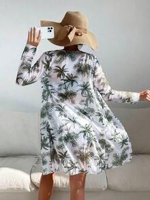 Conjunto de bikini con estampado tropical de tres piezas sujetador de empuje y bottom de bikini tipo hipster y kimono para mujer estilo vacaciones de verano en la playa - Verde Oliva - Ver 2