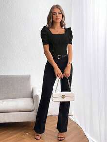 Privé Camiseta De Cuello Cuadrado Y Manga Corta Ajustada Con Textura - Negro - Ver 6
