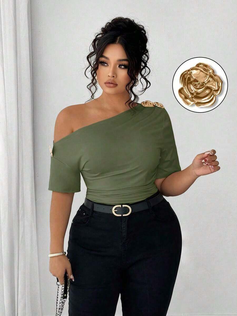 Blusa de talla grande para mujer elegante, personalizada, de moda, versátil, con un solo hombro, adecuada para uso diario - Verde Oliva - Ver 1