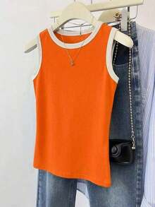 Camiseta de tirantes casual y versátil con ribete de contraste y cuello redondo para el verano - Naranja - Ver 3