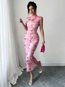 Vestido mini ajustado de 2025 verano de tinte degradado en melocotón suave francés con cuello asimétrico fruncido en la cintura - Multicolor - Ver 3