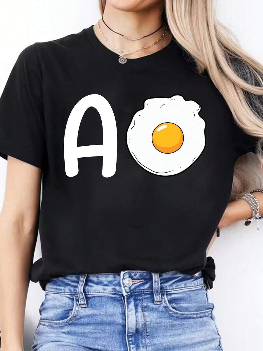 Camiseta casual de primavera y verano con estampado del alfabeto español, cuello redondo, manga corta, camiseta deportiva para mujer - Negro - Ver 1