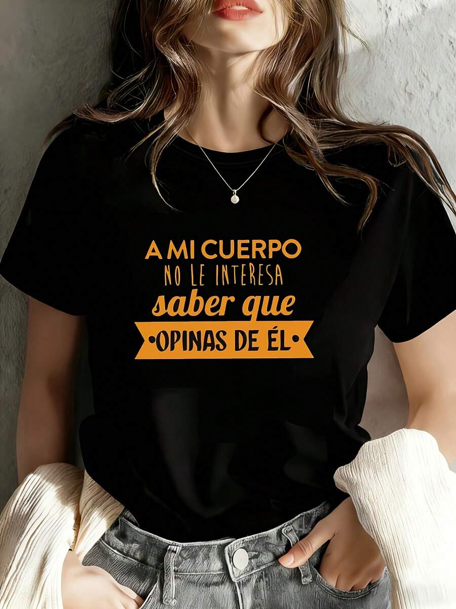 Plus Size Women's Oversized T-Shirt With The Spanish Phrase "Soy Una Dona" (I'm A Woman), Round Neck, Short Sleeve, Loose Fit, Machine Washable, Casual And Comfortable For Curvy Women, For Year-Round Wear - 黑色 - 查看 1