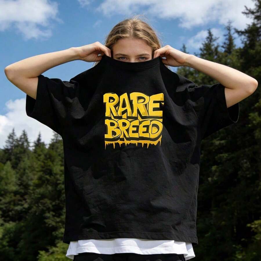 Women's Summer Clothing, Casual Soft Cotton T-Shirt With Round Neck, RARE BREED Letter Print Urban Graffiti Style. Black. - 黑色 - 查看 1