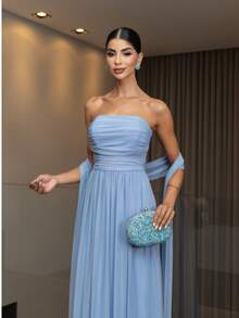 Long Dress With Cape For Wedding, Evening, Or Graduation. - Baby Blue - View 3