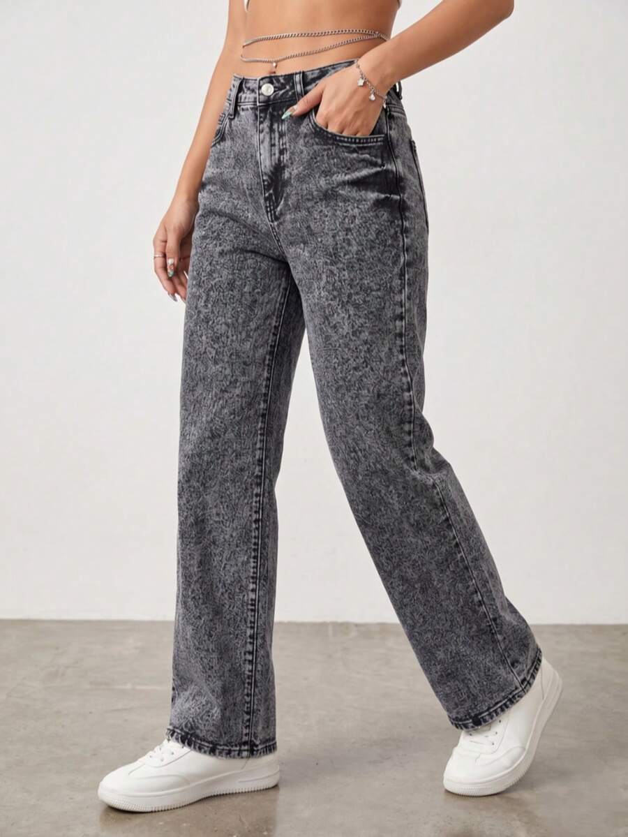 Straight Cut High Waist Jeans Minimalist And Timeless Style. - Grey H2KA11 - View 1