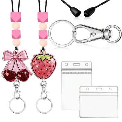 1 Set (1 Lanyard + 2 Card Holders) Cute Strawberry Teacher Silicone Lanyard, Colorful Silicone Bead Pendant, Women's Breakaway Lanyard, Horizontal Transparent ID Card Holder, Suitable For Nurse, Student, Women, Men Or Office Gift, Key Chain Accessory