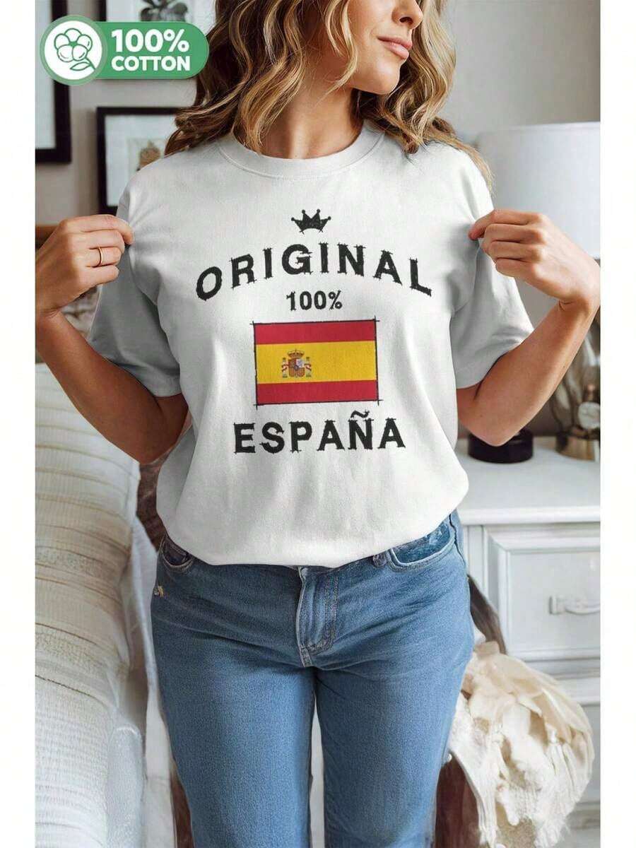 Women's Casual Camisole, Fashionable Outdoor Wear, Holiday Gift, Spanish Flag Camisole, Relaxed Fit, Short Sleeves, 'España' Print And National Emblem, Spanish Pride Casual Wear (White With Spanish Text), Machine Washable Loose-Fitting Camisole. Ideal For Gifting. Women's T-Shirt. Stylish. Bohemian Style. Soft, Breathable, And Comfortable Garment, Perfect For Spring, Summer, And Fall; Ideal For Holidays, Travel, And Everyday Wear. Perfect For Watching A Game. - 白色的 - 查看 1