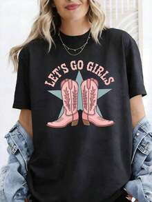 Lets Go S Western Country Style Cow Print T-Shirt, Women's Oversized T-Shirt Y2K, Vintage 2000s Urban Print T-Shirt, 180g, 100% Cotton, Short Sleeve For Summer Vacation For Women - 黑色 - 查看 7