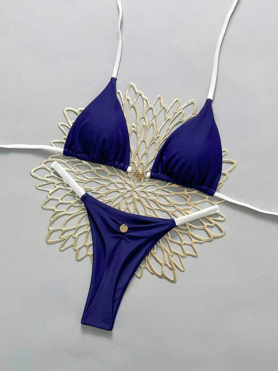 New Sexy Bikini, Two-Piece Swimsuit For Women With Halter Neck And Solid Color. - 深藍色 - 查看 1