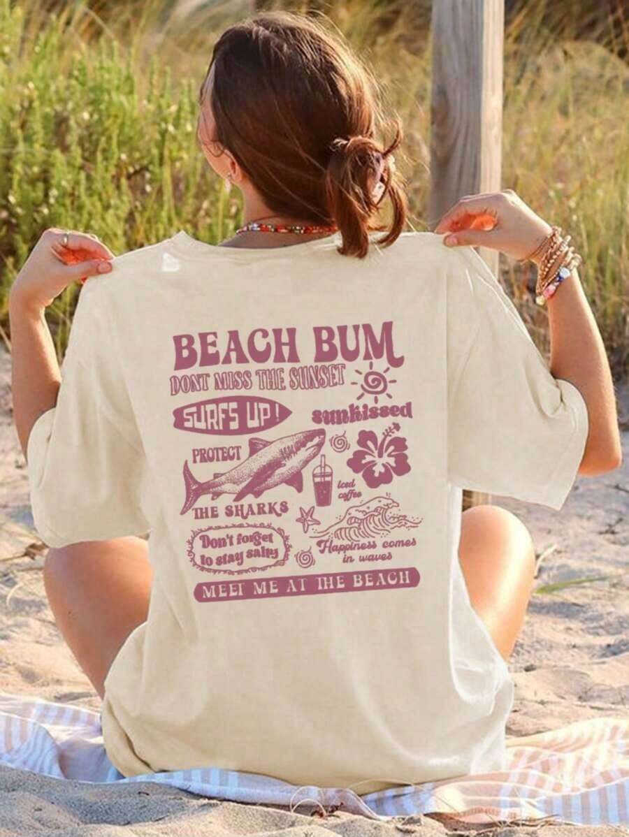 Camiseta de manga corta con cuello redondo y estampado de tiburones, ondas y flores para mujer, moderna y versátil para vacaciones de primavera/verano en color blanco. - Albaricoque - Ver 1