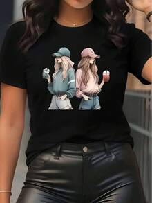 Camiseta de poliéster para mujer, diseño único, cuello redondo, casual y cómoda, de manga corta, adecuada para uso en restaurantes; tela suave, diseño ligero, ideal para uso diario; estampado elegante, ajuste perfecto, adecuada para actividades de ocio. - Negro - Ver 1