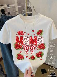 Playeras de mujer algodón color white, blusa manga corta con diseño de "Mama" y corazones, tops relajados estilo día de la madre 2026 para salidas y reuniones - Blanco - Ver 7