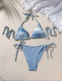 Traje de baño bikini para mujer con cuentas metálicas, de alta calidad, traje de baño de dos piezas en color sólido. - Morado - Ver 7