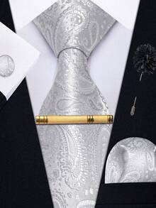 5 PIEZAS Juego de corbata de hombre con estampado de cachemira plateado - Incluye pañuelo de bolsillo, gemelos y clip de corbata dorado, corsage, corbata formal festiva para días festivos - Plateado - Ver 1