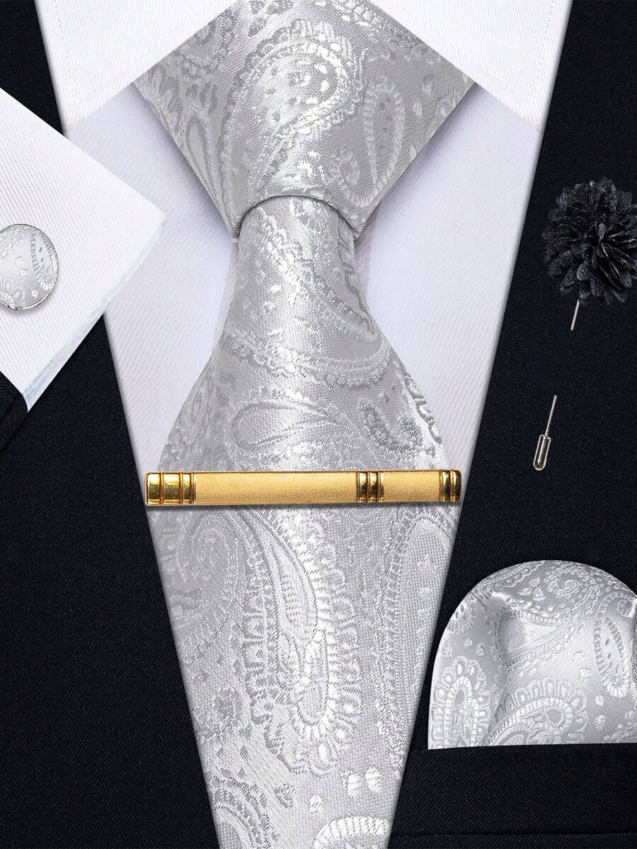 5 PIEZAS Juego de corbata de hombre con estampado de cachemira plateado - Incluye pañuelo de bolsillo, gemelos y clip de corbata dorado, corsage, corbata formal festiva para días festivos - Plateado - Ver 1