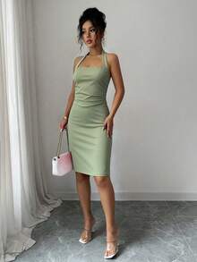 Vestido de verano para mujer, vestido elegante y ajustado de unicolor con cuello halter, atuendos de verano, vestido mini romántico para el Día de San Valentín/fiesta, vacaciones en la playa - verde menta - Ver 4