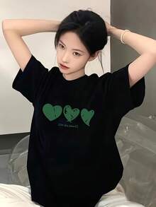 Personalized T-Shirt With Heart Print, Round Neck, Casual Wear, Y2K Style Women's Top, Lightweight Style, Spring/Summer - Unisex Loose Cotton Short Sleeve Round Neck Urban Vintage Style T-Shirt. - 黑色 - 查看 7