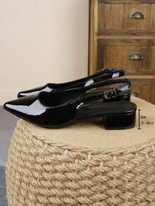 XBYASDF 2026新款女款黑色亮面尖頭後扣粗跟高跟鞋，優雅3cm高跟涼鞋，適合通勤與約會 - 黑色 - 查看 5