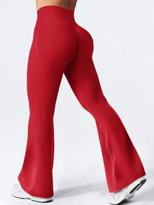 Yefecy Pantalon de yoga évasé pour femmes, legging de fitness sans couture, élastique, levant les fesses, sans plis - Rouge - Voir 2