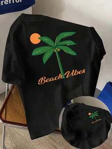 Camiseta de talla grande para mujer, manga corta, color sólido, estilo casual, para primavera/verano, de poliéster, con estampado frontal y trasero - Estampado de palmeras y vibraciones playeras - Camiseta estampada para mujer, primavera/verano, artículo de moda, transpirable y cómoda. - Negro - Ver 12