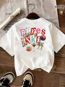 Camiseta de manga corta para mujer con estampado frontal y trasero, camiseta con estampado de estación de esquí Apres Ski, camiseta casual blanca de cuello redondo, mezcla de poliéster elástico, lavable a máquina, adecuada para primavera/verano/otoño. - Blanco - Ver 1