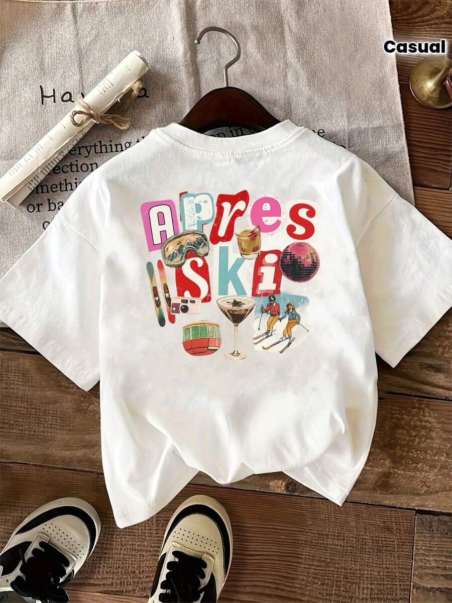 Camiseta de manga corta para mujer con estampado frontal y trasero, camiseta con estampado de estación de esquí Apres Ski, camiseta casual blanca de cuello redondo, mezcla de poliéster elástico, lavable a máquina, adecuada para primavera/verano/otoño. - Blanco - Ver 1