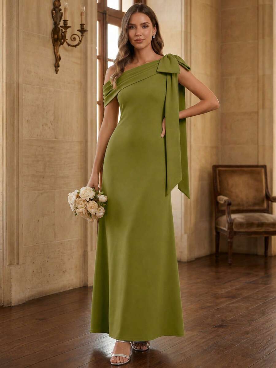 EVERPRETTY Đầm dài màu xanh lá cây thanh lịch mùa hè, không tay, cổ lệch vai, nơ, thích hợp cho tiệc cưới, tiệc bán trang trọng hoặc tiệc khách mời.
