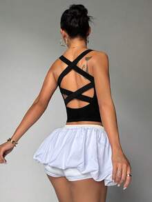 Solid Color Backless Cropped Sports Tank Top Casual Black - Black - View 1