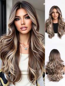 Peluca larga y ondulada de 18 pulgadas con balayage marrón, con reflejos que enmarcan el rostro, cabello sintético resistente al calor, estilo natural en capas para uso diario y de fiesta para mujeres - Marrón degradado - Ver 8