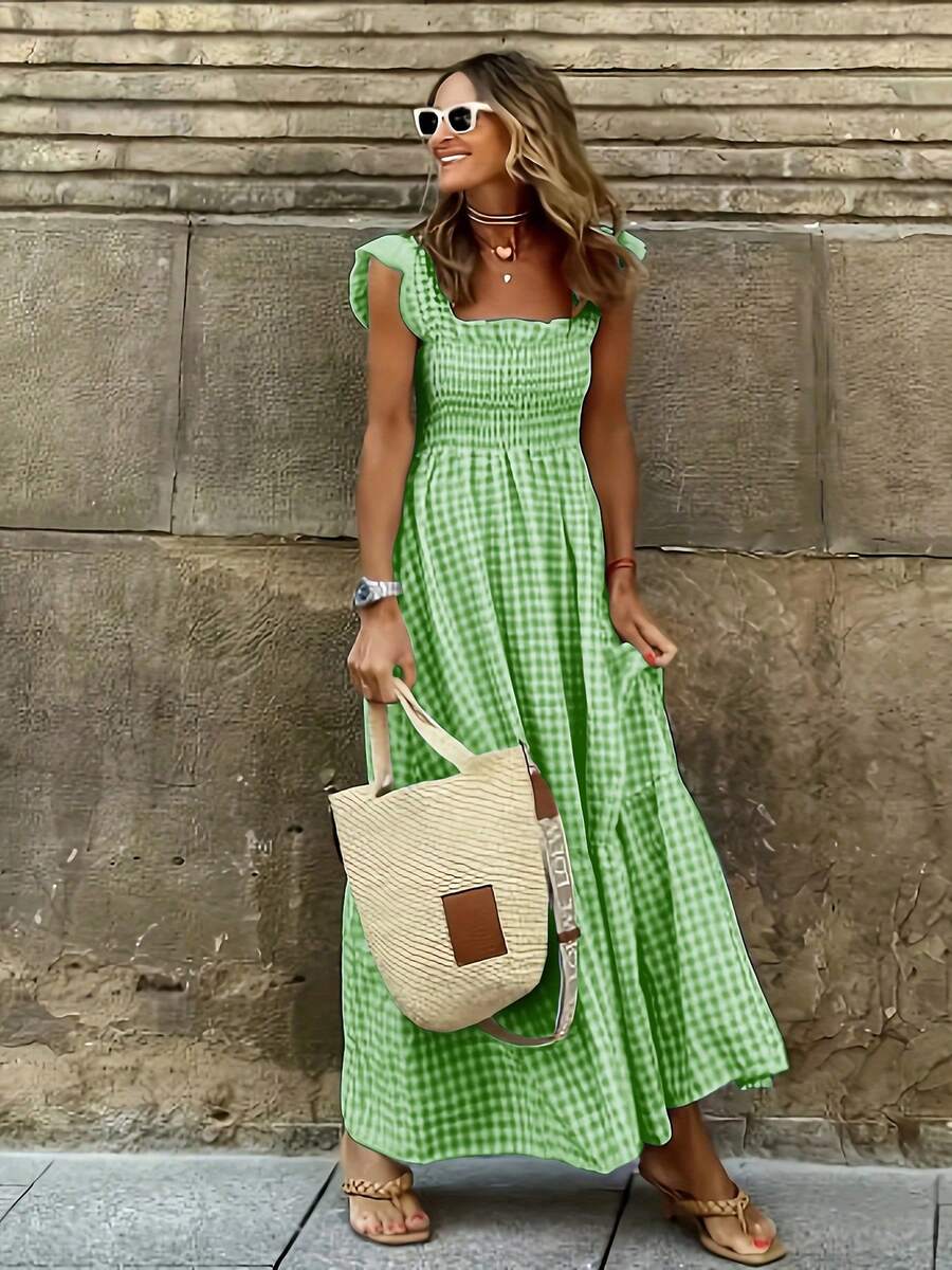 Ladies' Elegant Checkered Pleated Long Skirt - Light Green - View 1