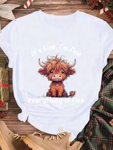Elegant And Casual Women's Short-Sleeved T-Shirt With Cute Bull Design, "Christmas It's Fine I'm Fine Everything Is Fine", Black Casual Winter Clothing. - 白色 - 查看 3