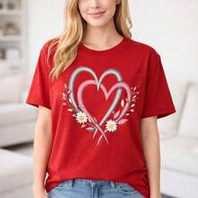 Camiseta Casual de Algodón para Mujer, Cuello Redondo, Manga Corta, con Estampado de Doble Corazón y Flores, Corte Holgado, Ropa Cómoda y Suave para Uso Diario - Rojo - Ver 8