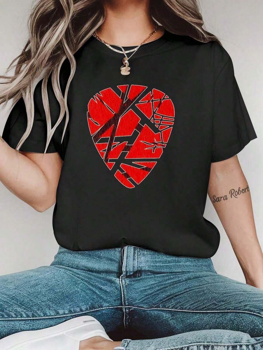 Camiseta Casual Negra para Mujer con Estampado de Púa de Guitarra Roja, Manga Corta, Cuello Redondo, Camiseta Gráfica Elegante para Vestimenta Casual, Ropa para Todas las Temporadas | Camiseta con estampado gráfico | Ropa Casual Elegante, Camiseta Musical para Mujer - Negro - Ver 1