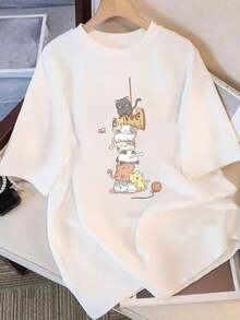 Camiseta de Mujer, Camiseta de Manga Corta con Diseño Exclusivo y Estampado, Nueva Colección de Verano, Top Holgado de Media Manga, Camiseta Ajustada para Salir, Tops para Mujer - Blanco - Ver 1