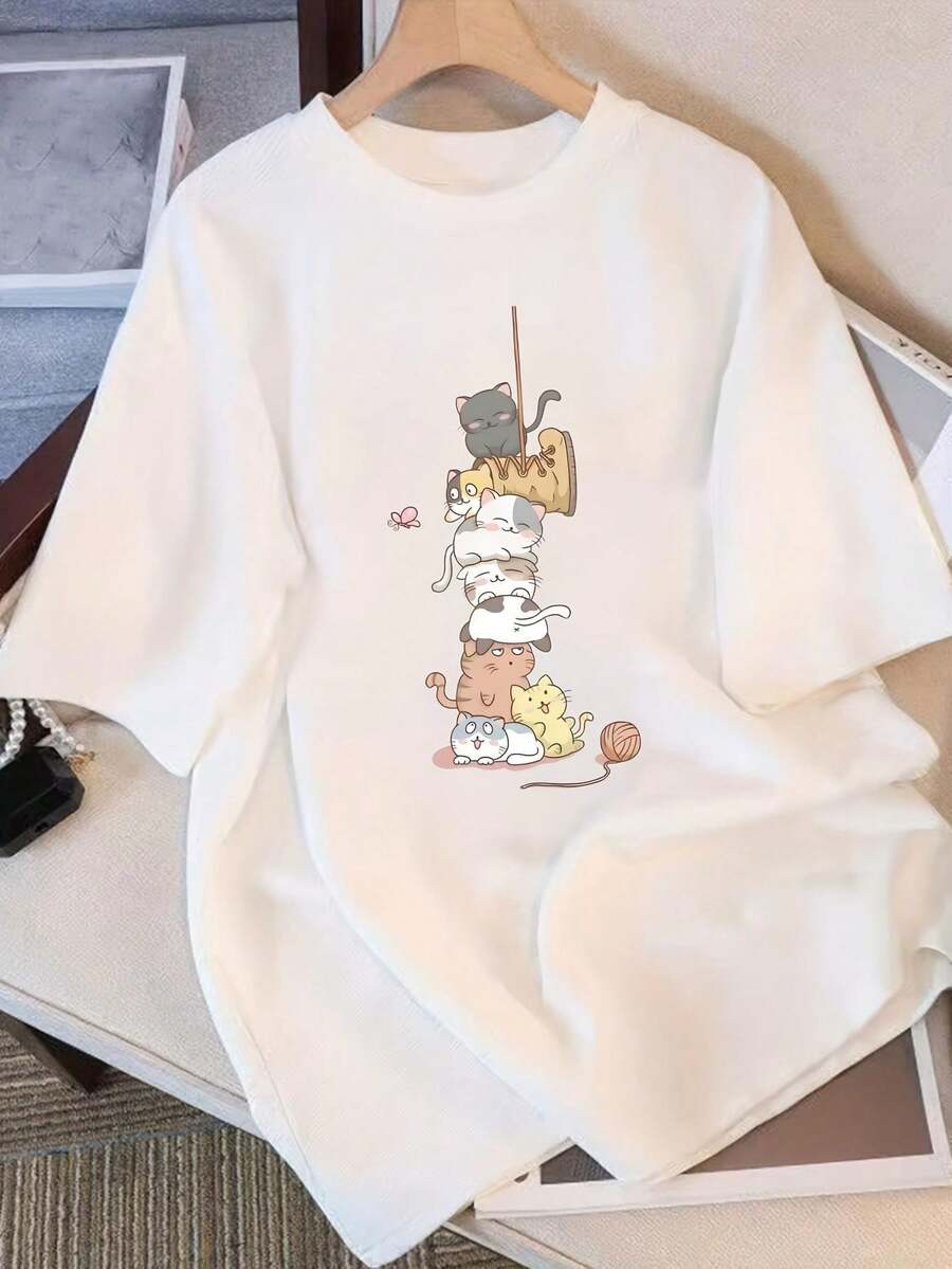 Camiseta de Mujer, Camiseta de Manga Corta con Diseño Exclusivo y Estampado, Nueva Colección de Verano, Top Holgado de Media Manga, Camiseta Ajustada para Salir, Tops para Mujer - Blanco - Ver 1