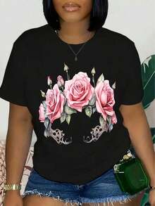 Fashion Fashion Casual Short Sleeve Crew Neck T-Shirt For Women Cute Printed Printed - 黑色 - 查看 6
