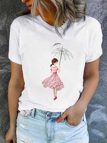 Camiseta de verano para mujer de manga corta con estampado, moderna y casual, lavable a máquina, ajuste cómodo con estampado plano 2D. - Blanco_07 - Ver 7
