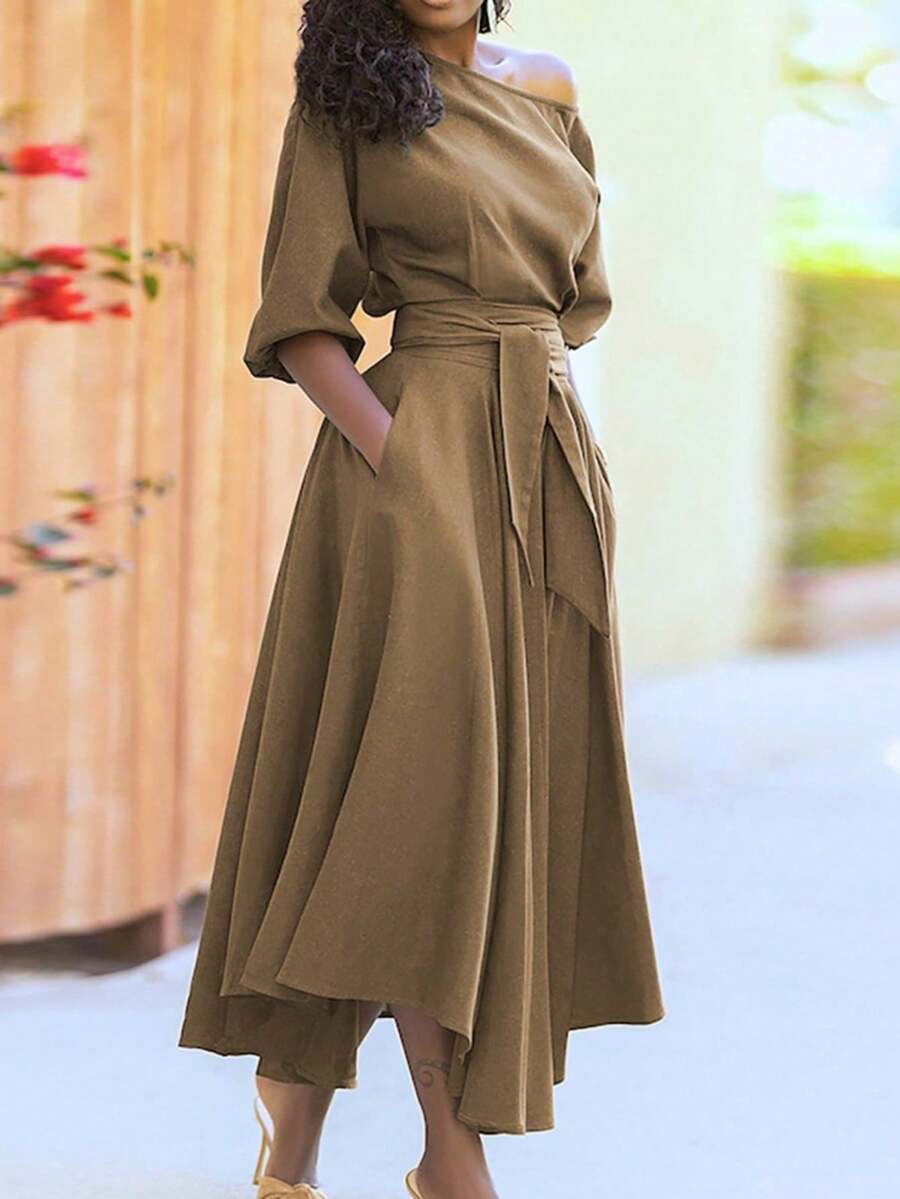 Long, Plain Dress With Asymmetrical Shoulder, Ties, And Fitted Waist, Spring 2026 - Khaki - View 1