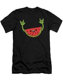 Minimalista.1 paquet. 100 % coton. T-shirt homme avec un motif pastèque joyeux et dansant, doux et décontracté, idéal pour l'été. Design simple avec des touches de vert, parfait pour un look casual. Lavable en machine. | Vêtement confortable et près du corps sur le thème de la pastèque. Girocollo Estiva - Noir - Voir 6