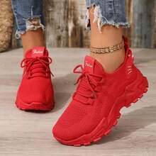 Breathable Knit Running Shoes, Lightweight And Non-Slip. Platform Design, Lace-Up Style, Perfect For Running, Walking And Summer Outdoor Activities. - Red - View 5