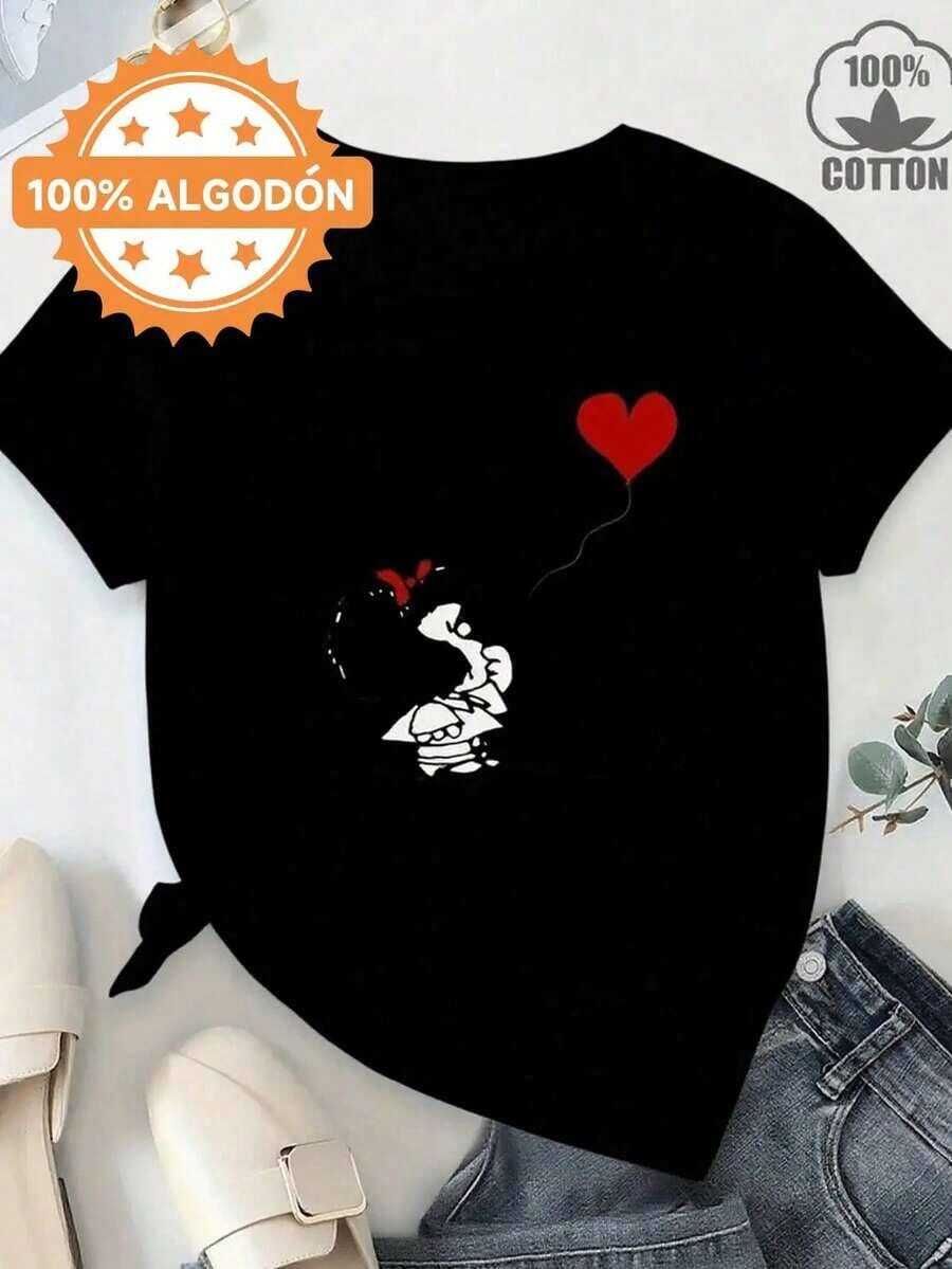 Camiseta Casual de Manga Corta Extra Grande para Mujer Loop Mafalda - 100%, Tallas S-XXL, Cuello Redondo con Estampado Gráfico de Dibujos Animados, Transpirable y Lavable a Máquina, Camiseta Blanca de Moda para Comodidad Diaria, Camisetas para Damas, Outfit Relajado, Diseño Caprichoso, Ajuste Cómodo, Blusa Elegante, Amantes de la Moda - Negro - Ver 1