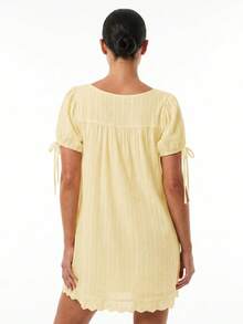 Light Yellow Women's A-Line Square Neck Puff Sleeve Babydoll Dress Lace Trim Ruffle Hem Dress Summer Casual Flowy Dress For Beach Vacation - 淡黃色 - 查看 6
