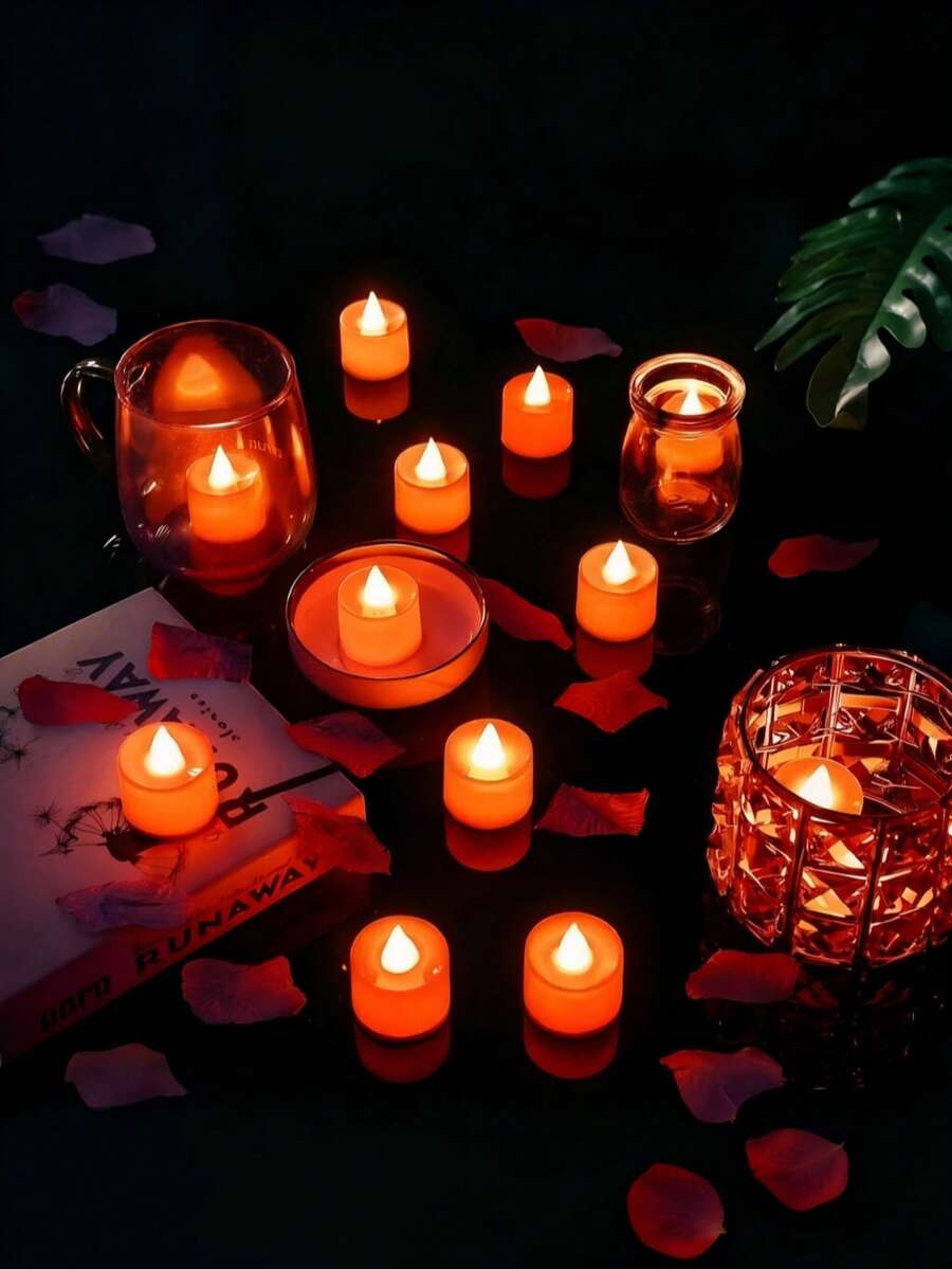 48pcs Red LED Tea Lights, 1.4 Inch Battery Operated Flameless Candles, Realistic Decorative Pillar Lights For July 4th Independence Day, Summer Wedding, Halloween Party