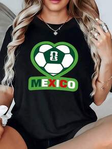 Corazón verde con balón de fútbol que simboliza el amor por México y la pasión deportiva con letras en colores patrios camiseta de mujer casual moderna y cómoda para uso diario - Negro - Ver 1