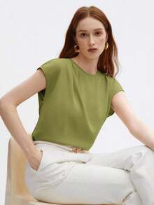 Blusa nueva de primavera/verano con diseño de hombros plisados de cuello redondo en azul, camisa elegante y única para salidas, oficina, ocasiones formales, moda básica profesional casual de alta gama, invitada de boda, fiesta, estilo del milenio, - Verde - Ver 6