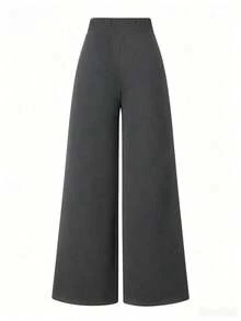 Pantalones anchos versátiles y casuales de estilo minimalista y estilizador para mujer de talla grande - Gris Oscuro - Ver 2
