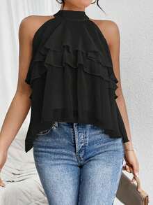 Blusa de gasa con volantes asimétricos y cuello suelto - Negro 2 - Ver 4