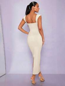 Vestido ajustado unicolor de cuello cuadrado - Beis - Ver 2