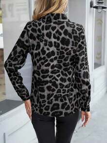 Camisa de manga larga cómoda y casual para mujer, camisa con botones y cuello con estampado de leopardo, para primavera/otoño - negro y gris - Ver 3